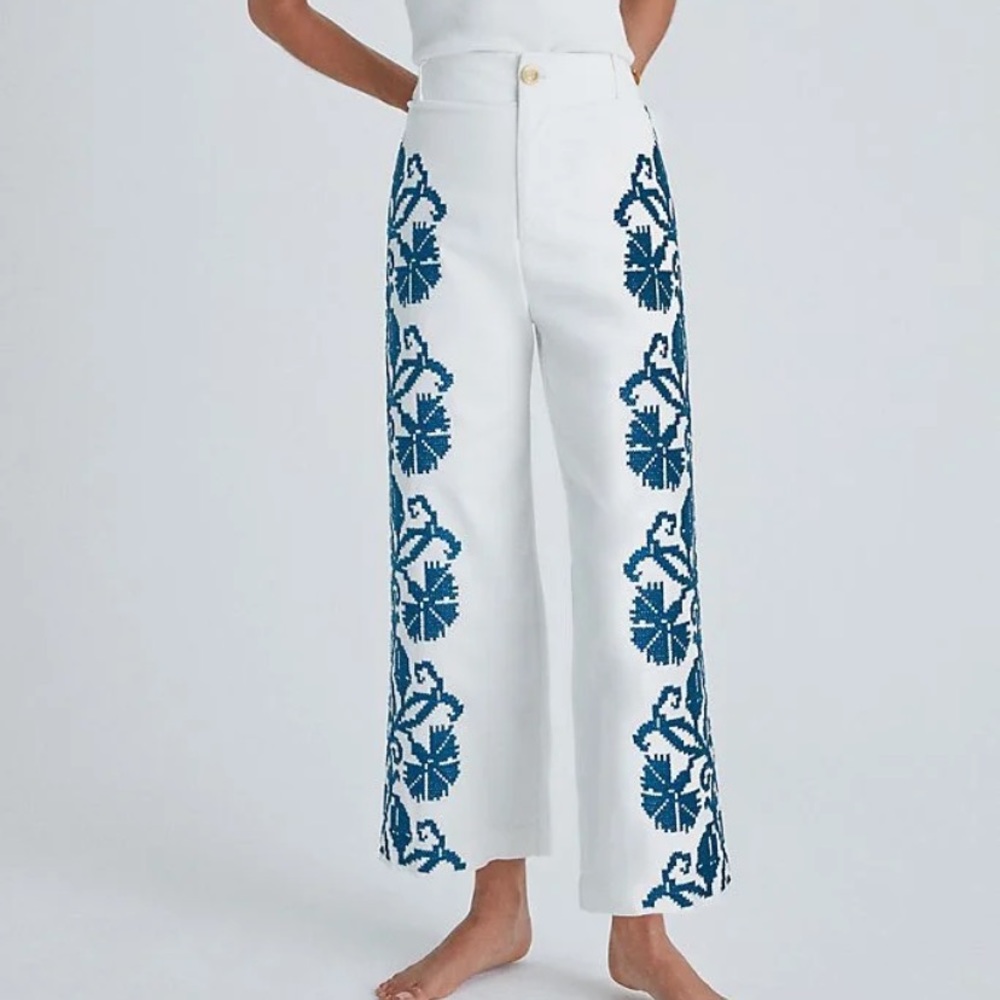 Anthropologie White Wide-Leg Pants with Blue Embroidered Side Panels